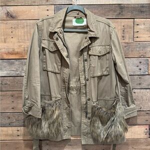 Anthropologie Tan Utility Jacket with Faux Fur